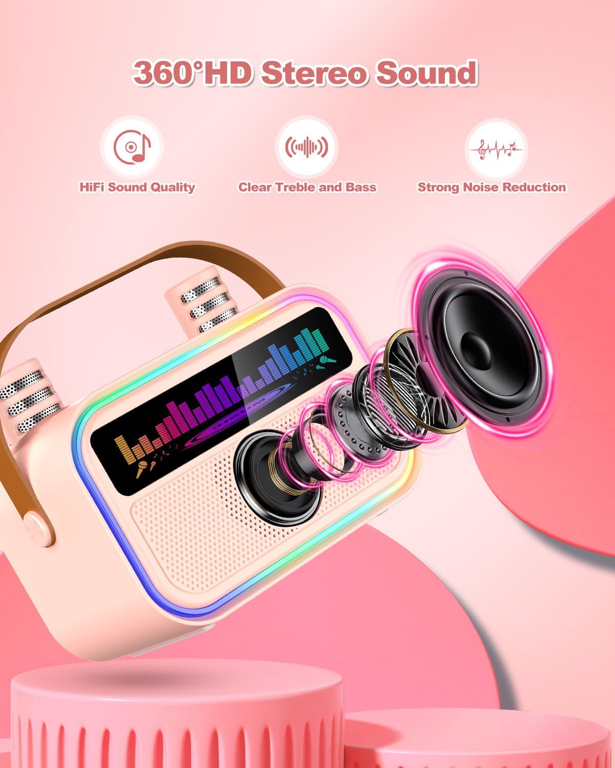 Kids Karaoke Machine for Girls, Kids Toys Gifts for Age 3-12+, Portable Bluetooth Speaker with 2 Wireless Microphones, Toddler Singing Karaoke for Birthday, Family, Home Party (Pink)