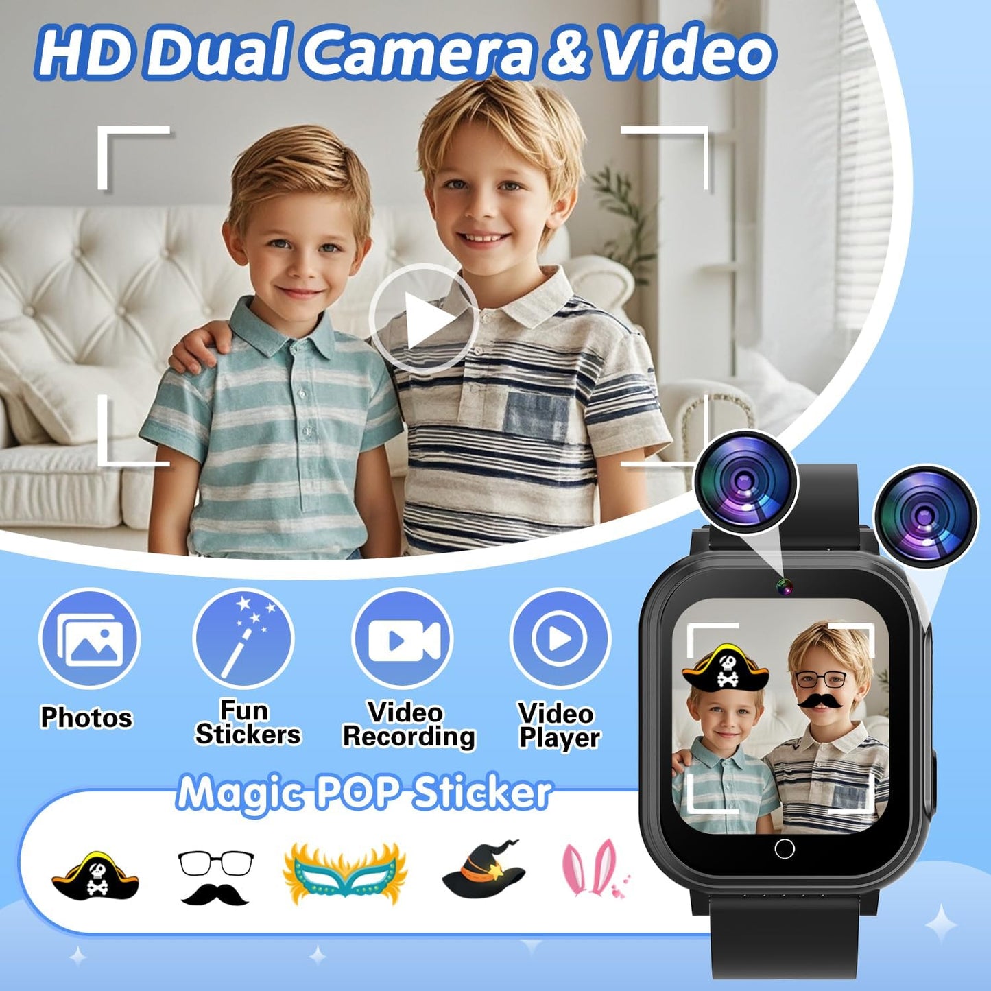 Kids Waterproof Smart Watch with 32 Games HD Touchscreen Dual Camera Music Player Pedometer Flashlight Habit Tracking Storybook, Birthday Gifts for 5-12 Year Olds Boy Include Lanyard Screen Protectors