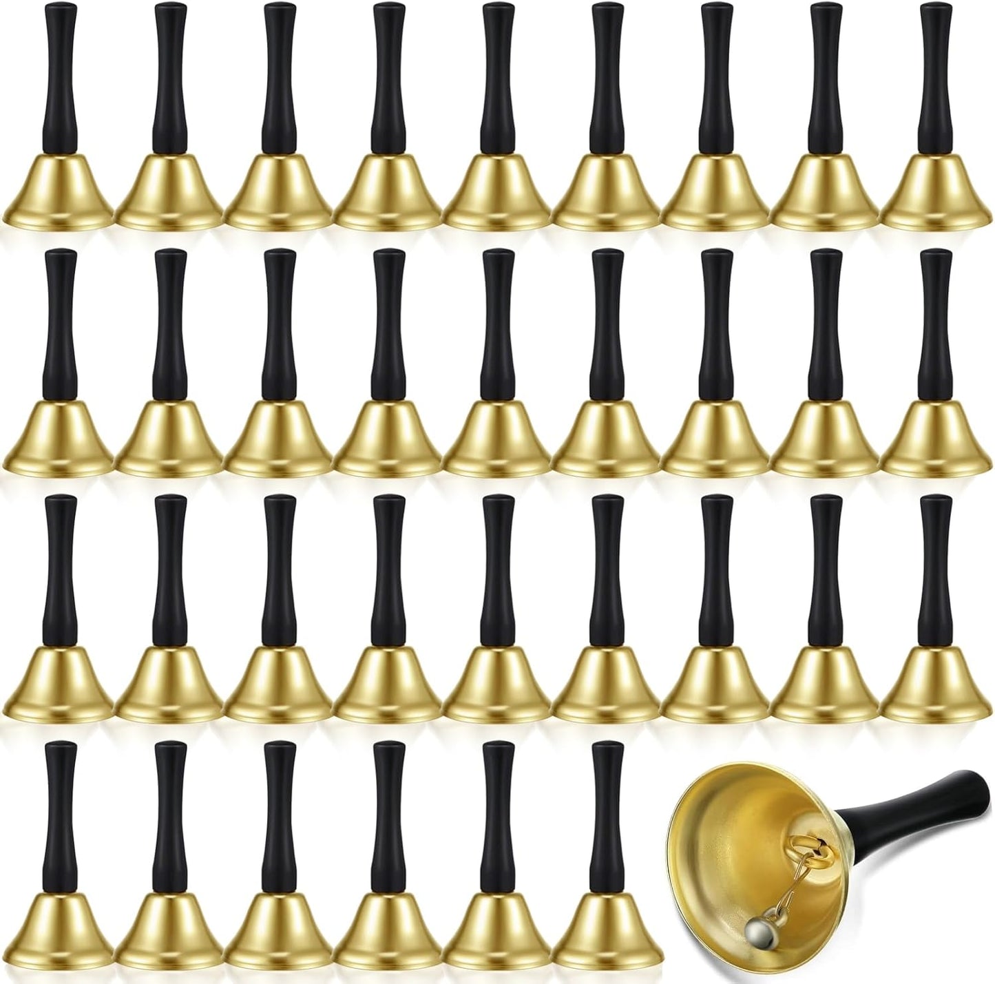 34 Pieces Metal Hand Bells,Kabcifea Gold Call Bell Dinner Service Bell Small Hand Held Bells with Black Wooden Handles for School Church Classroom Wedding Decorative