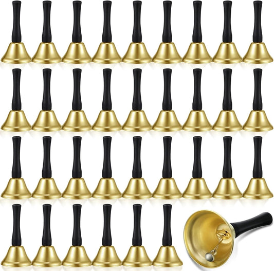 34 Pieces Metal Hand Bells,Kabcifea Gold Call Bell Dinner Service Bell Small Hand Held Bells with Black Wooden Handles for School Church Classroom Wedding Decorative