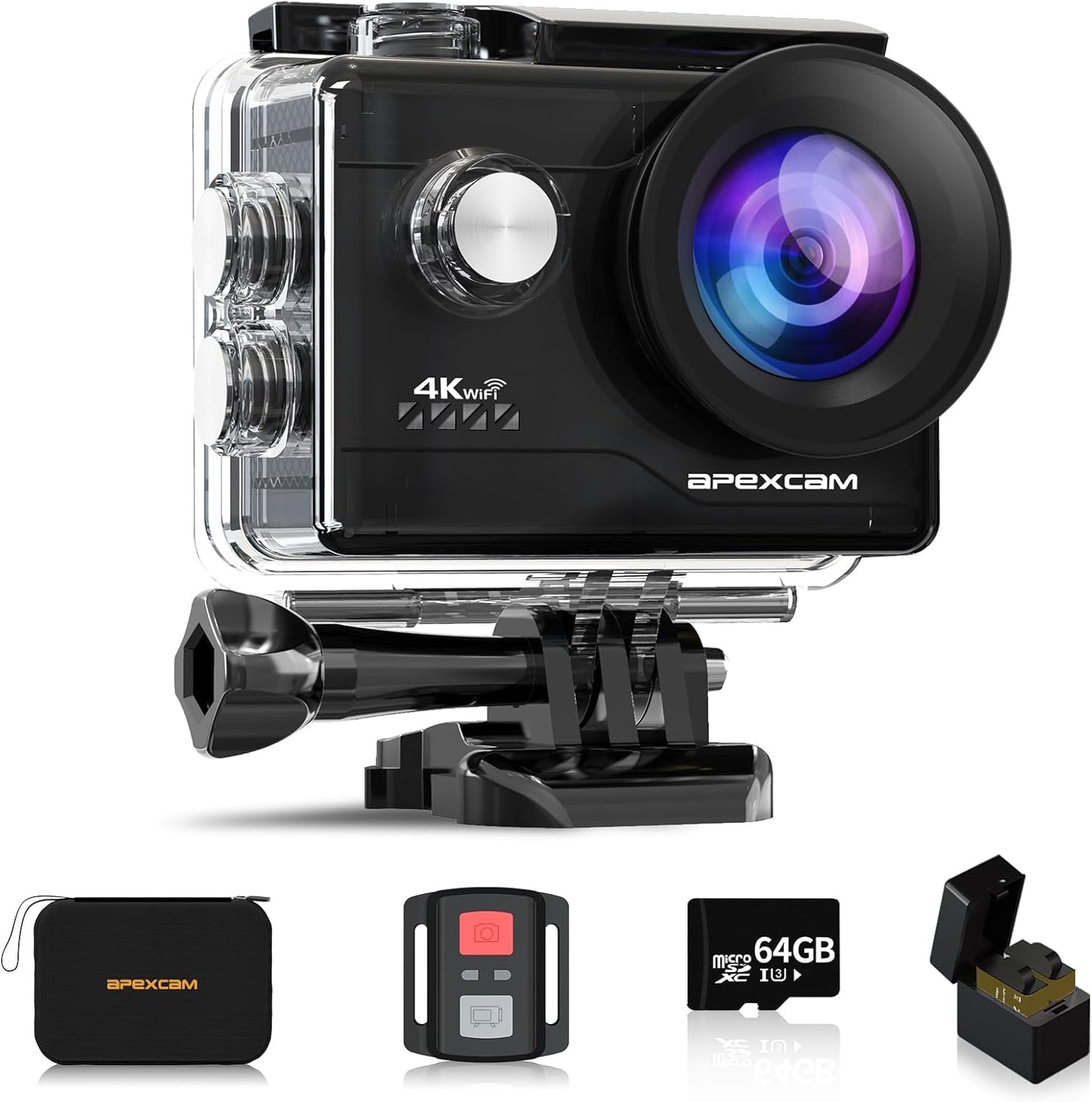 Apexcam Action Camera 4K with 64G SD Card Sport Cameras 20MP 131FT Waterproof Underwater Camera 170°Wide-Angle WiFi Camera with 2.4G Remote Control, 2 Batteries, Mounting Accessories Kits