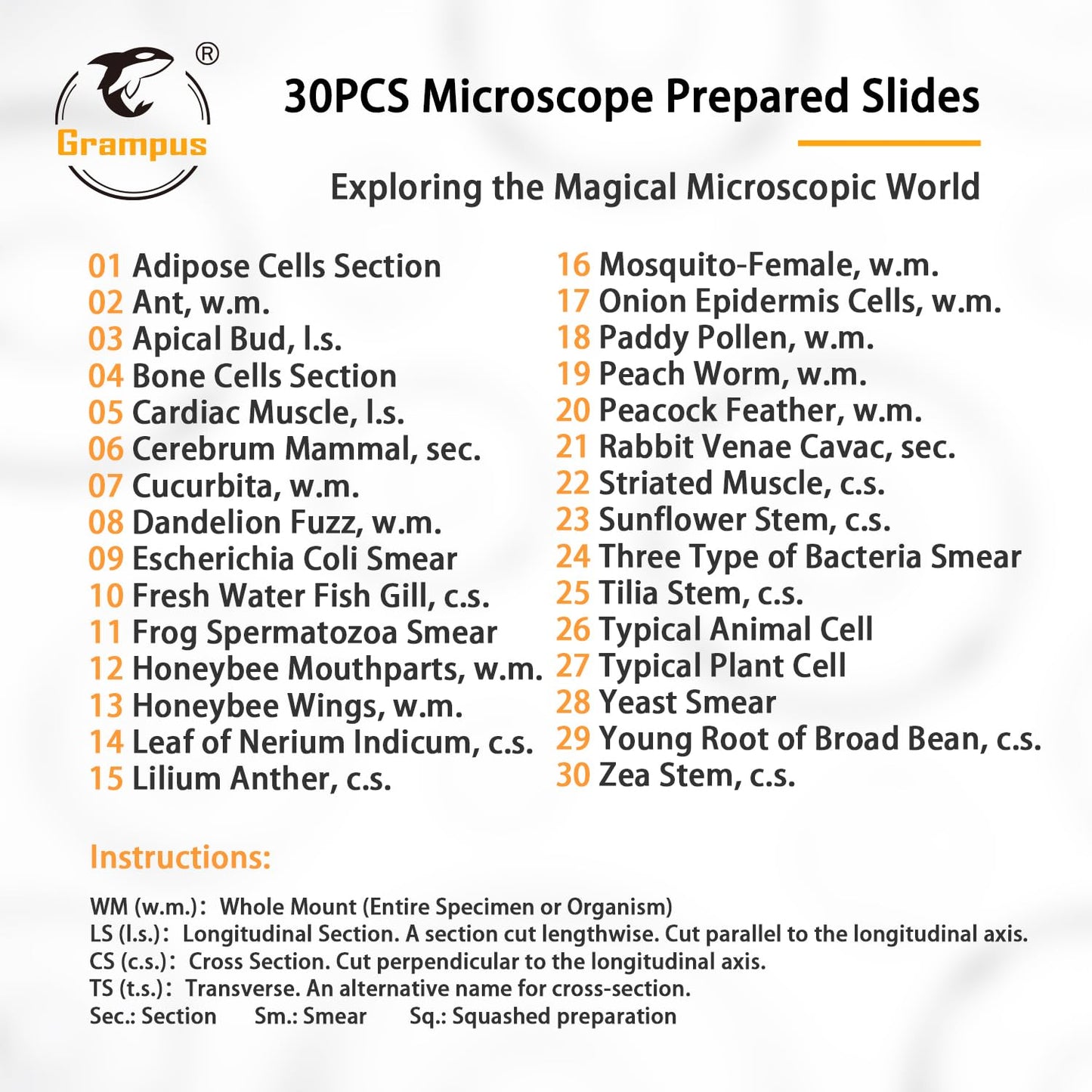 30 Prepared Microscope Slides with Specimens for Kids Students - Animals Plants Insects Microorganism, for Biological Science Lab, Children's Science Education, Homeschool