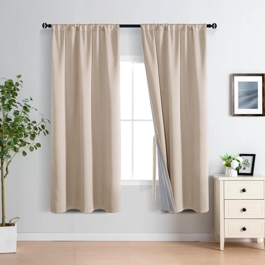 XWZO 100% Blackout Curtains 63 Inches Long Rod Pocket Thermal Insulated & Room Darkening Black Liner Window Treatment with Tiebacks for Bedroom/Living Room, Biscotti Beige, W42 x L63, Set of 2