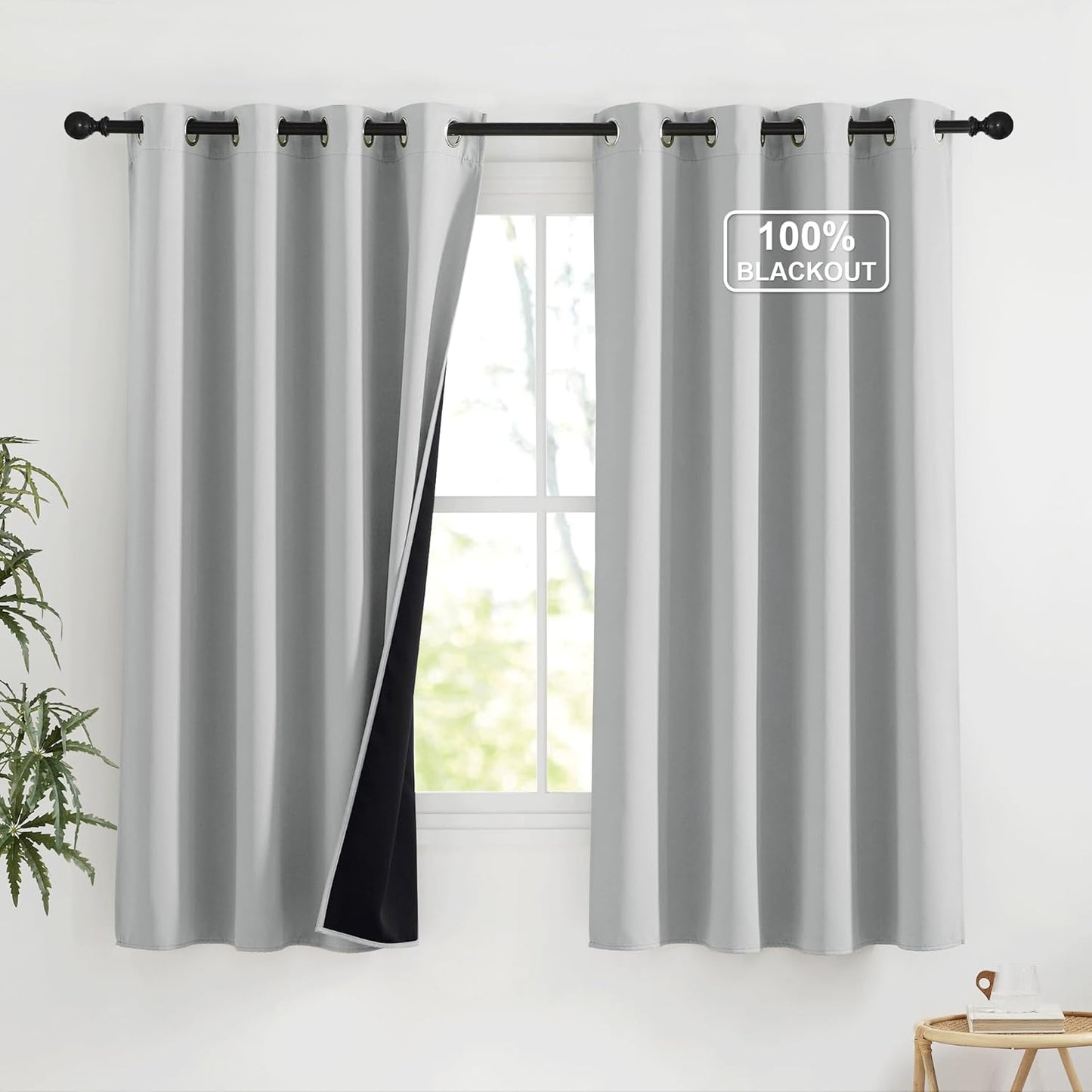 NICETOWN Blackout Curtains for Kitchen, Thermal Insulated Short Curtains for Living Room Window Blinds, Grommet Room Darkening Smart Plylux Curtians for Bedroom, 52 x 63 inch, 1 Pair, Silver Grey