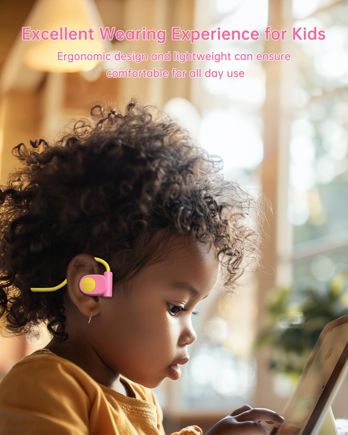 Kid Headphones for School, Air Conduction Open Ear Headphones, 3.5mm Jack Wired Cord, Ultra-Comfort, Ergonomic and Lightweight Design Perfect for School and Outdoor Activities-Yellow Pink