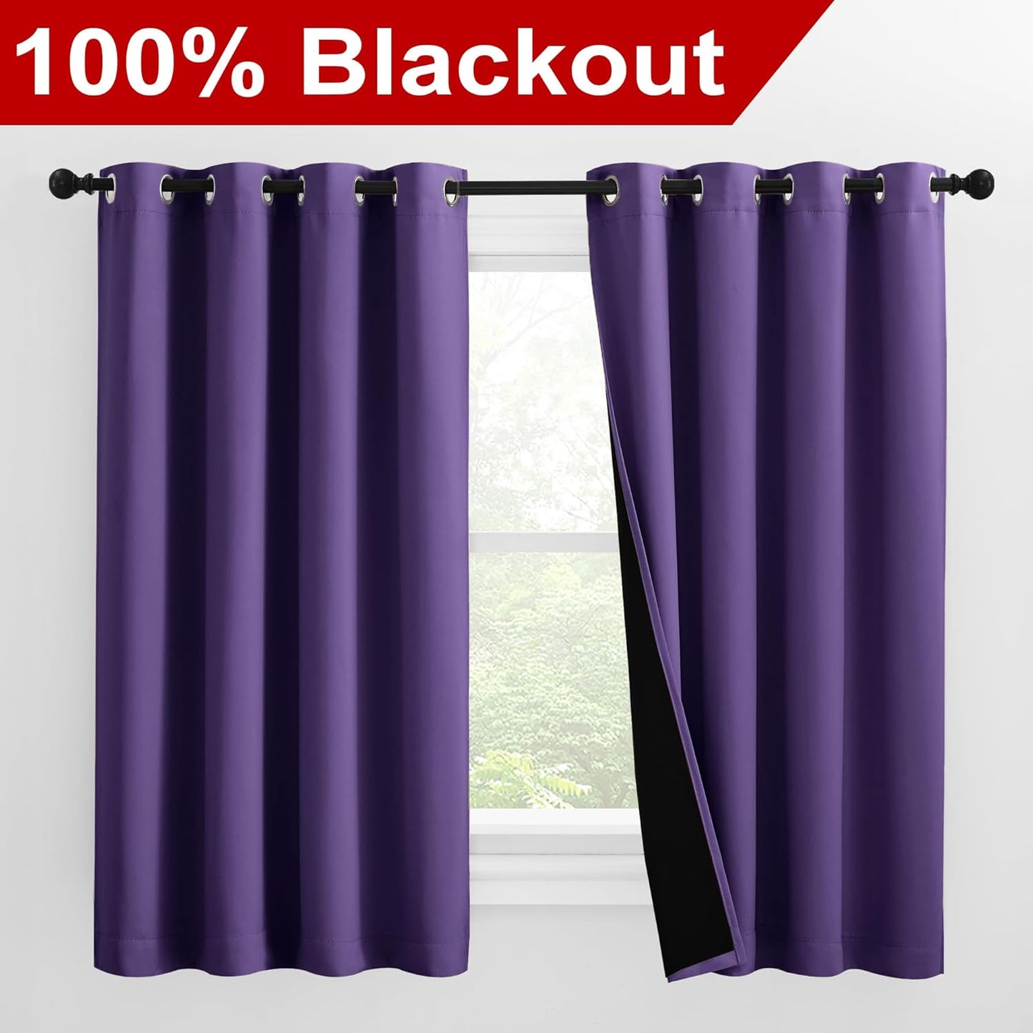 NICETOWN 100% Blackout Curtains with Black Liners, Thermal Insulated Full Blackout 2-Layer Lined Drapes, Noise Cancellation Window Draperies for Dining Room (Lilac Purple, 2 Panels, 55" W by 57" L)