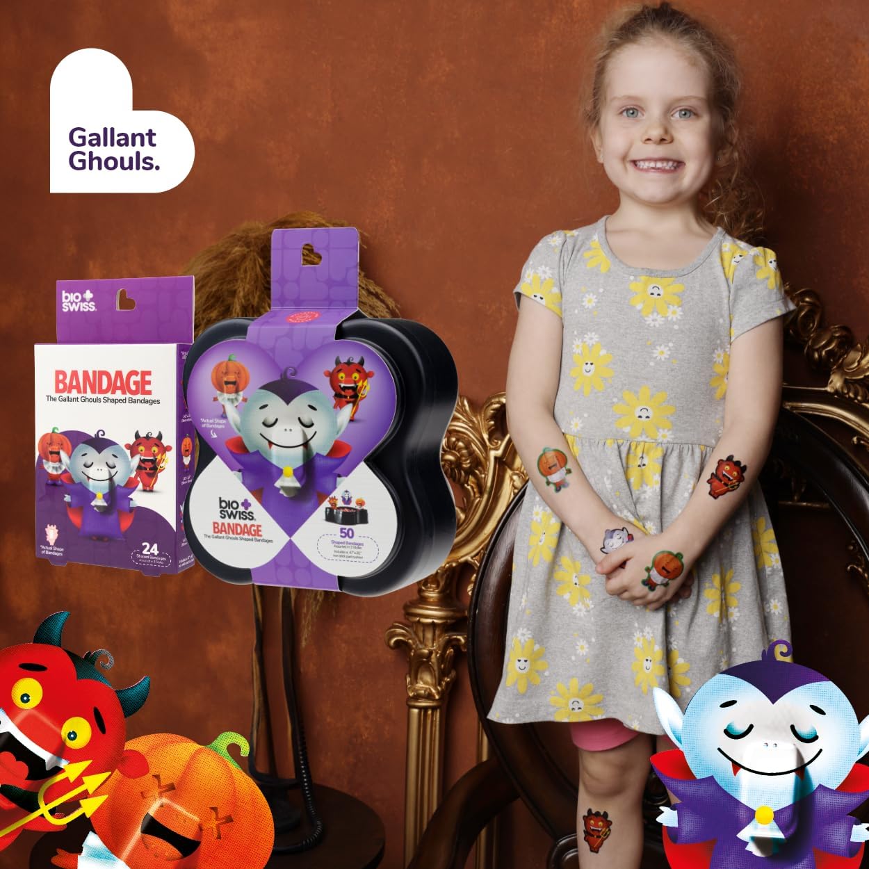 BioSwiss Bandages, Halloween Ghouls Shaped Self Adhesive Bandage, Latex Free Sterile Wound Care, Fun First Aid Kit Supplies for Kids and Adults, 50 Count