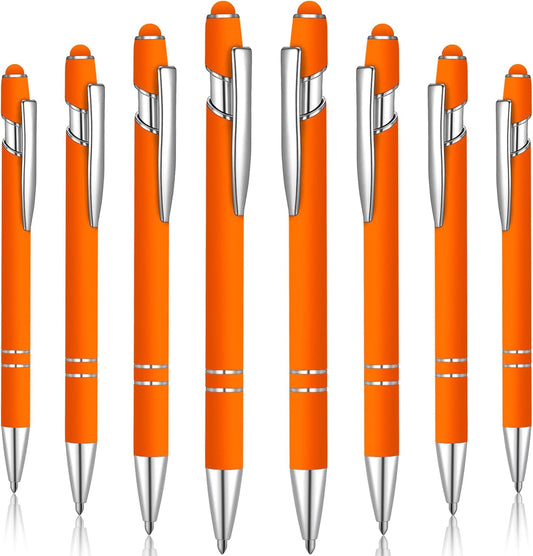8 Pieces Ballpoint Pen with Stylus Tip Black Ink 2 in 1 Stylus Metal 1.0 mm Medium Point Smooth Pen Rainbow Colorful Rubberized Ballpoint for Touch Screen Tablet(Orange)