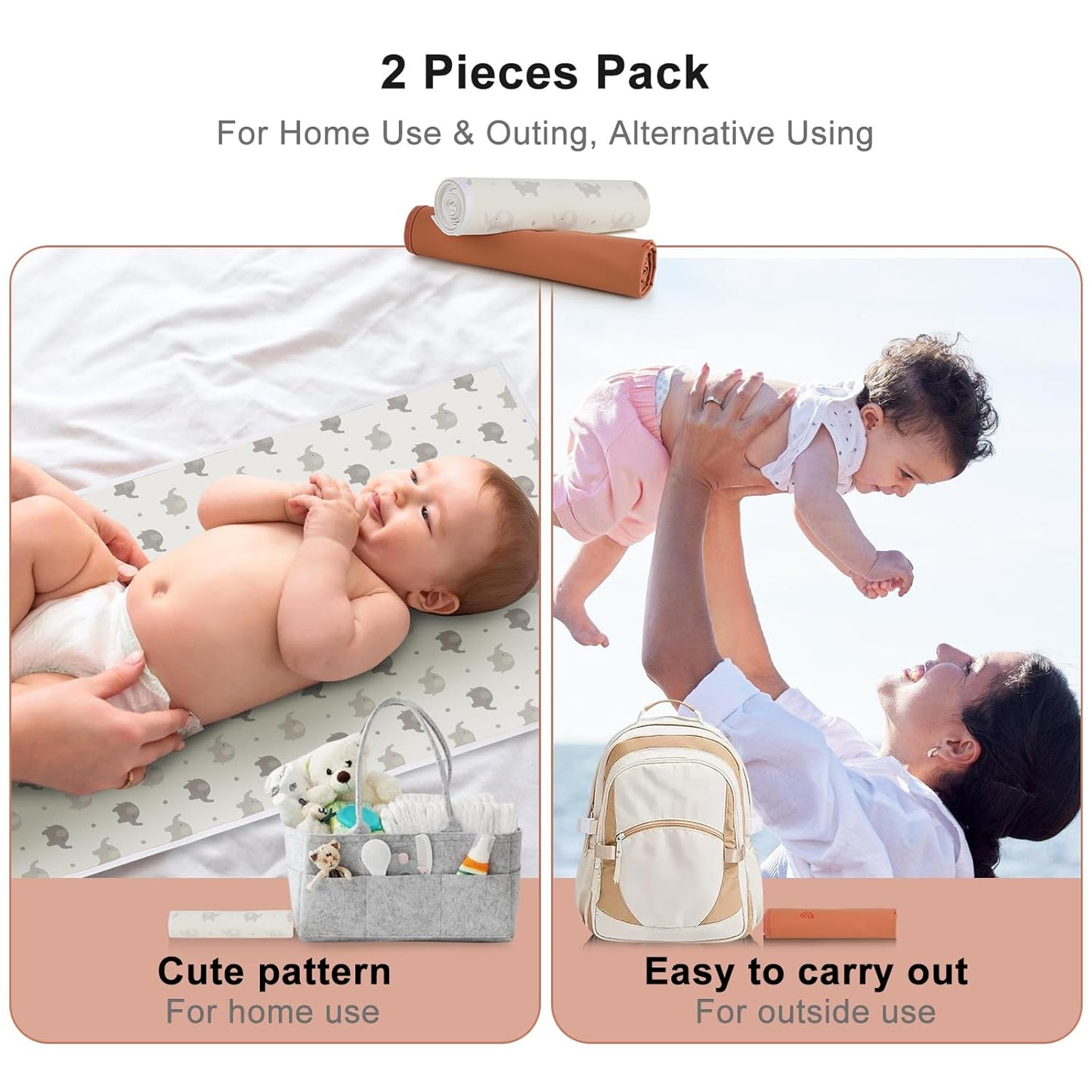 Vegan Leather Baby Changing Mat - Wipeable Portable Changing Pad 2 Pack, Foldable Travel Changing Mat for Baby, Newborns Toddlers Shower Gifts (Rainbow&Elephant,15.75"*28")