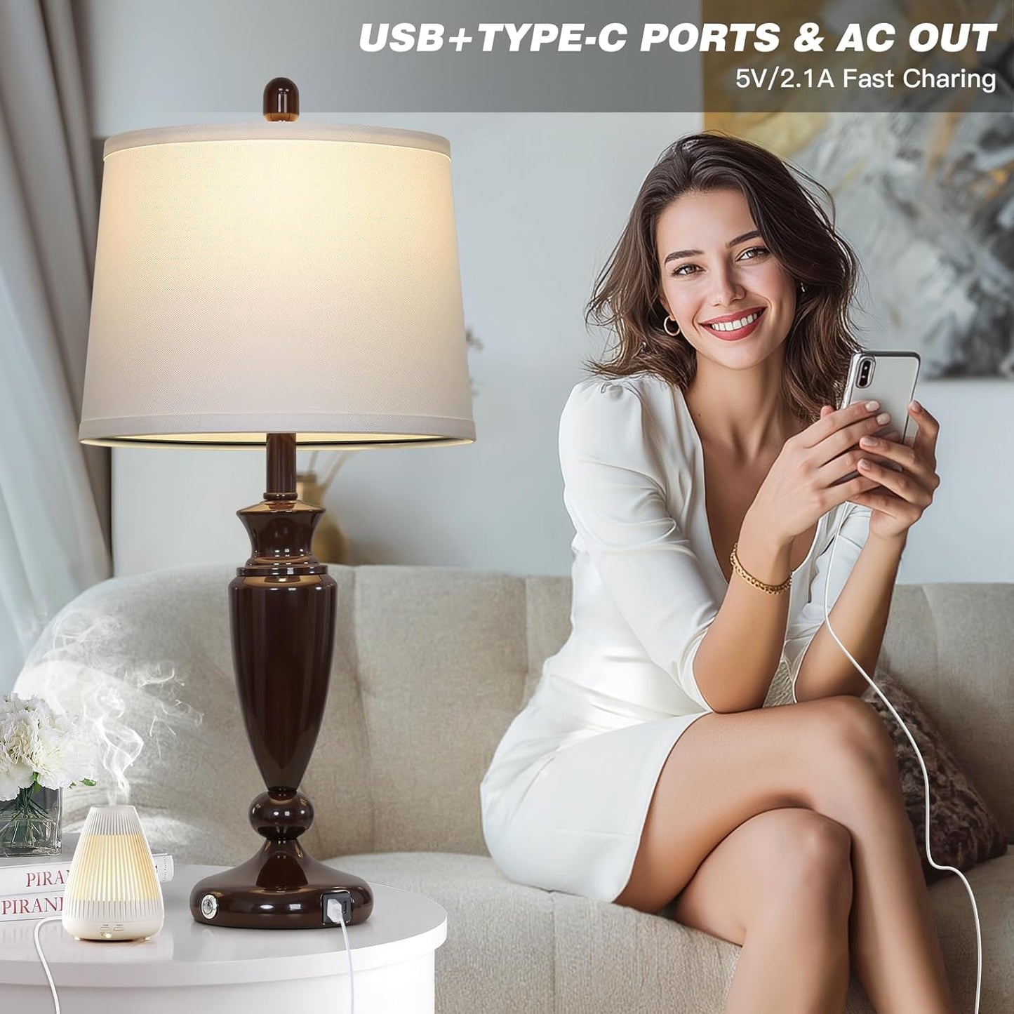 27'' Brown Living Room Lamps Set of 2, 3 Way Touch Control Table Lamps with USB A+C Ports, Modern Bedside Lamps, Elegant Metal Nightstand Lamps for Bedroom Office End Table Decoration