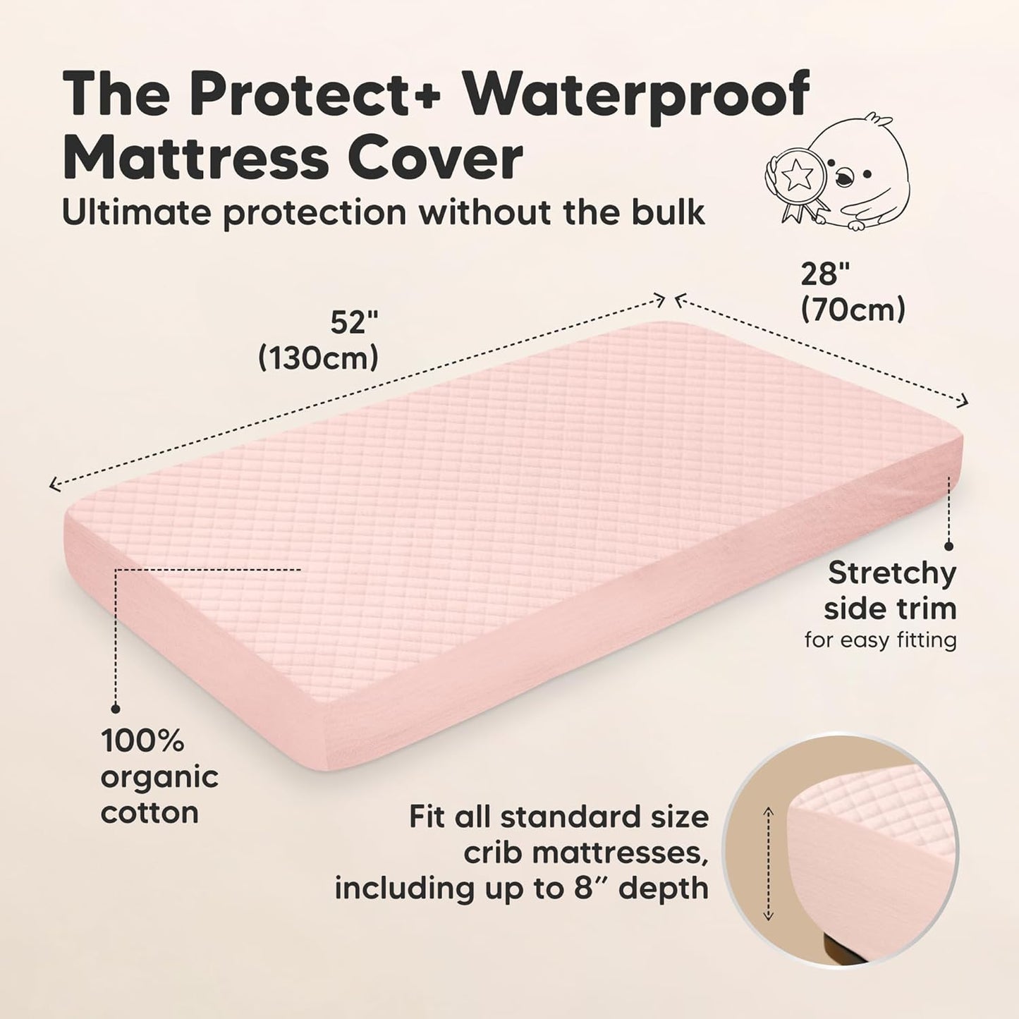 Waterproof Crib Mattress Protector Cover Fitted - 2-Pack Quiet Baby Crib Mattress Pad Sheets, 52" x 28" Soft Quilted Cotton Baby Sheet, Machine Washable, Easy Fit, Durable (Mist Rose/Quin)