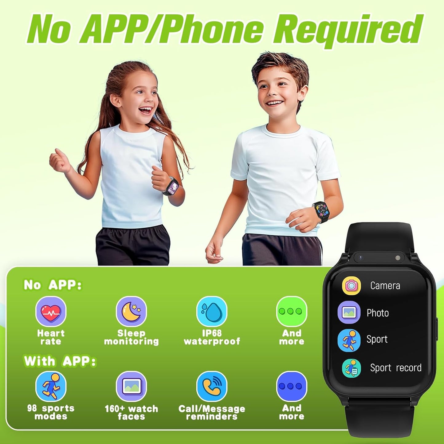 Smart Watch for Kids 1.85" with Fitness Tracker, Sleep Monitor, 22/100+ Sport Modes, DIY Dial, IP68 Waterproof, Step Counter, Heart Rate, Camera, with/Without APP, Gift for 3-12 Years Old Boys Girls