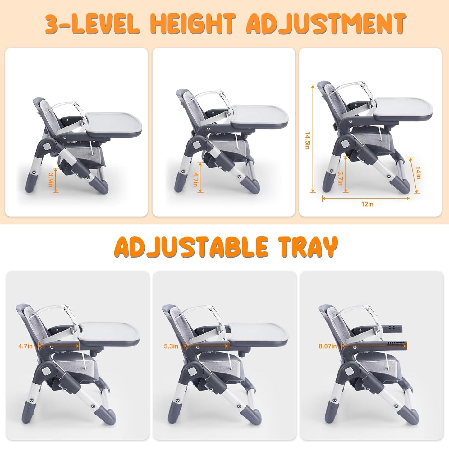 Bear Booster Seat for Kitchen Chairs, Portable High Chair for Babies 6–12 Months, Adjustable 3-Level Foldable Booster with Removable Tray, Ideal for Home, Outdoor, Camping, and Travel