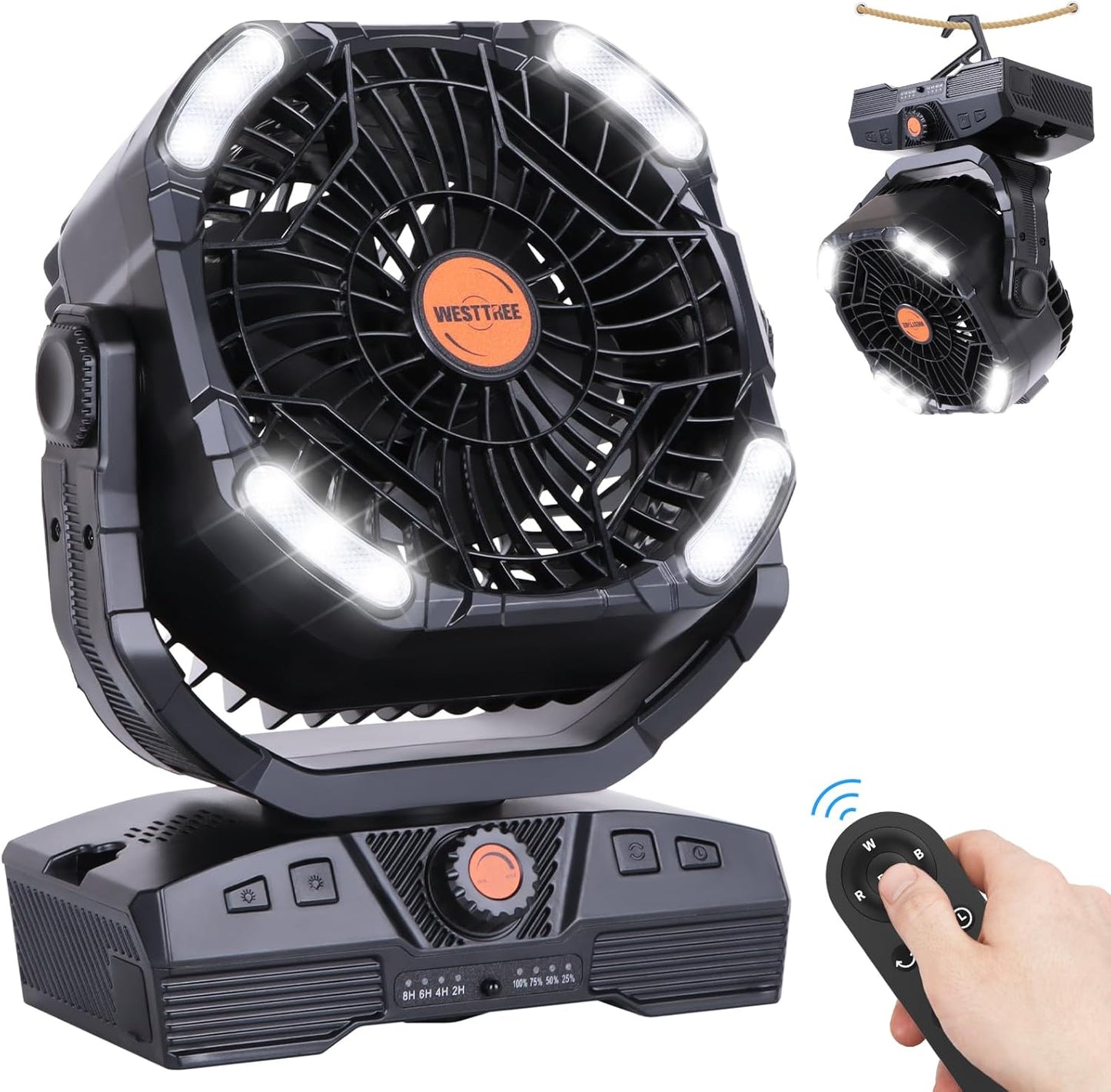 Camping Fan 20000mAh Rechargeable Battery Operated fan Outdoor Tent Fan with Light & Hook 270° Pivot, knob Speeds, Personal USB Desk Fan for Camping Power Outage Jobsite Black X68