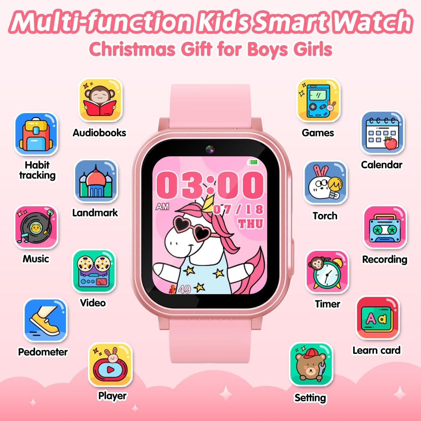 Cosjoype Kids Waterproof Smart Watch with 32 Games Dual Camera HD Touchscreen Music Player Pedometer Flashlight Habit Tracking Audiobook, Kids Toys Birthday Gifts for 5 6 7 8 9 10 Year Old Girls