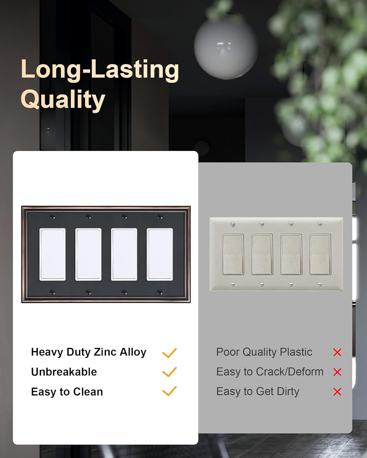 2-Pack Quad Decorator Outlet Cover Plate, Zinc Alloy Decorative Aged Bronze Switch Plates and Outlet Covers, 4 Gang Wall Plates for Electrical Outlets, Receptacle, GFCI Outlet, Dimmer Switch