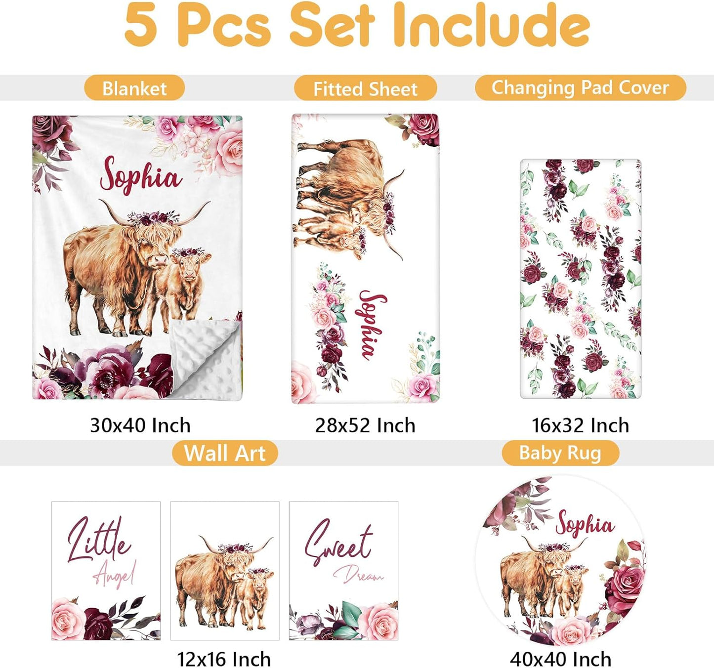 Custom Baby Crib Bedding Set, 5 Pcs Personalized Name Baby Crib Sets for Infant Toddler, Purple Highland Cow Nursery Bedding Set for Baby Girls, Double Layer Baby Bedding Sets Customized Gifts