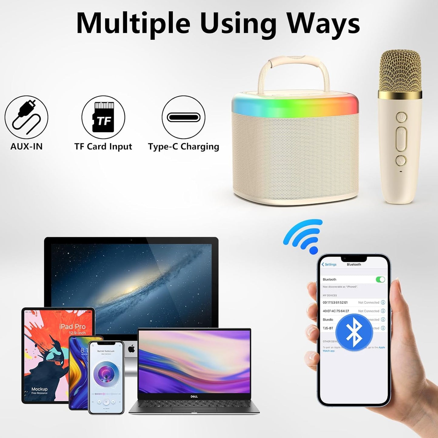 JYX Mini Karaoke Machine for Kids - Beige Bluetooth Speaker with Party Lights and 1 Wireless Microphone, Great for Kids and Adults, Ideal for Family Home Parties and Birthday