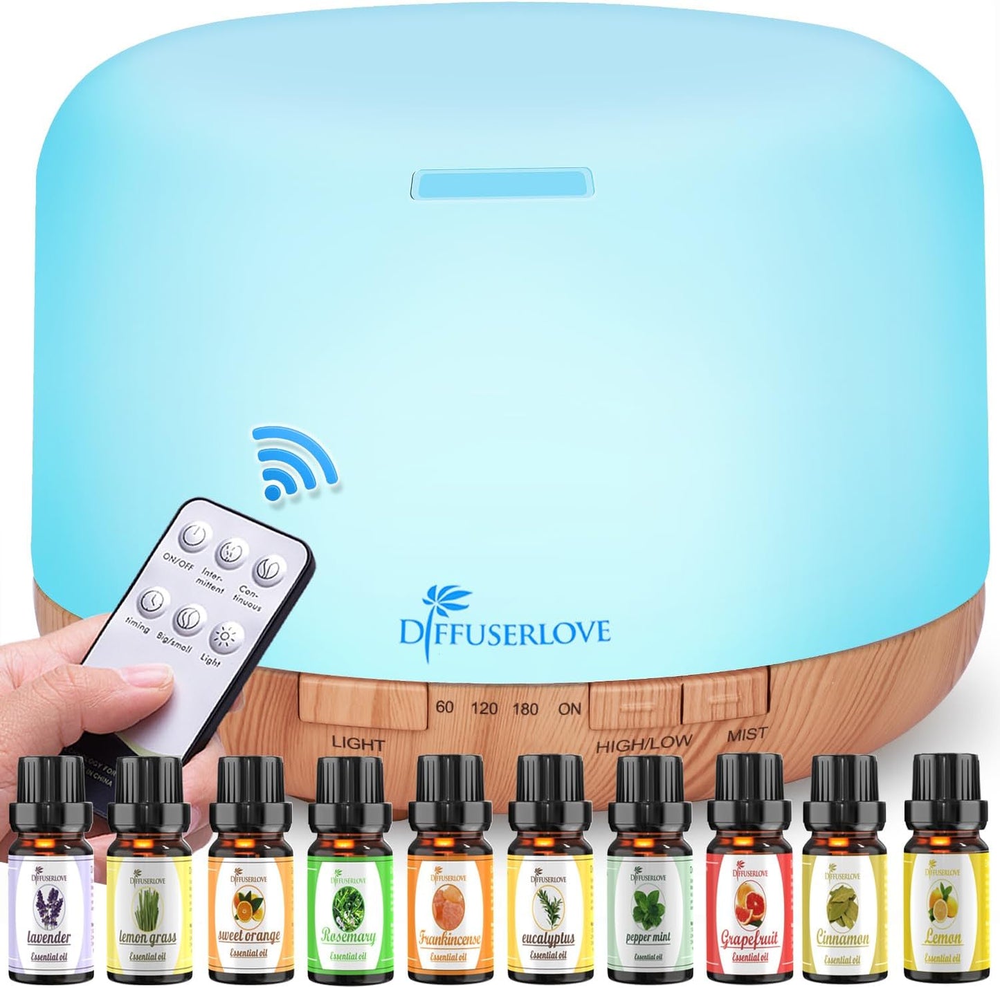 Diffuserlove Diffuser Essential Oil Diffusers 500ML Remote Control Aroma Diffuser Cool Mist Aromatherapy Diffuser with Mute Design, Timer and Auto Shut-Off for Office Living Room Yellow