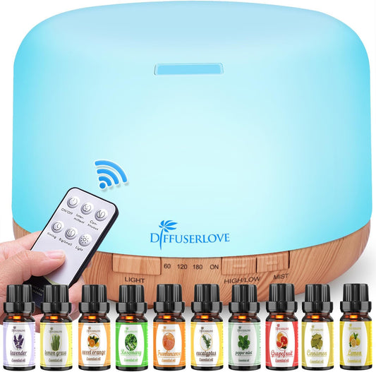 Diffuserlove Diffuser Essential Oil Diffusers 500ML Remote Control Aroma Diffuser Cool Mist Aromatherapy Diffuser with Mute Design, Timer and Auto Shut-Off for Office Living Room Yellow
