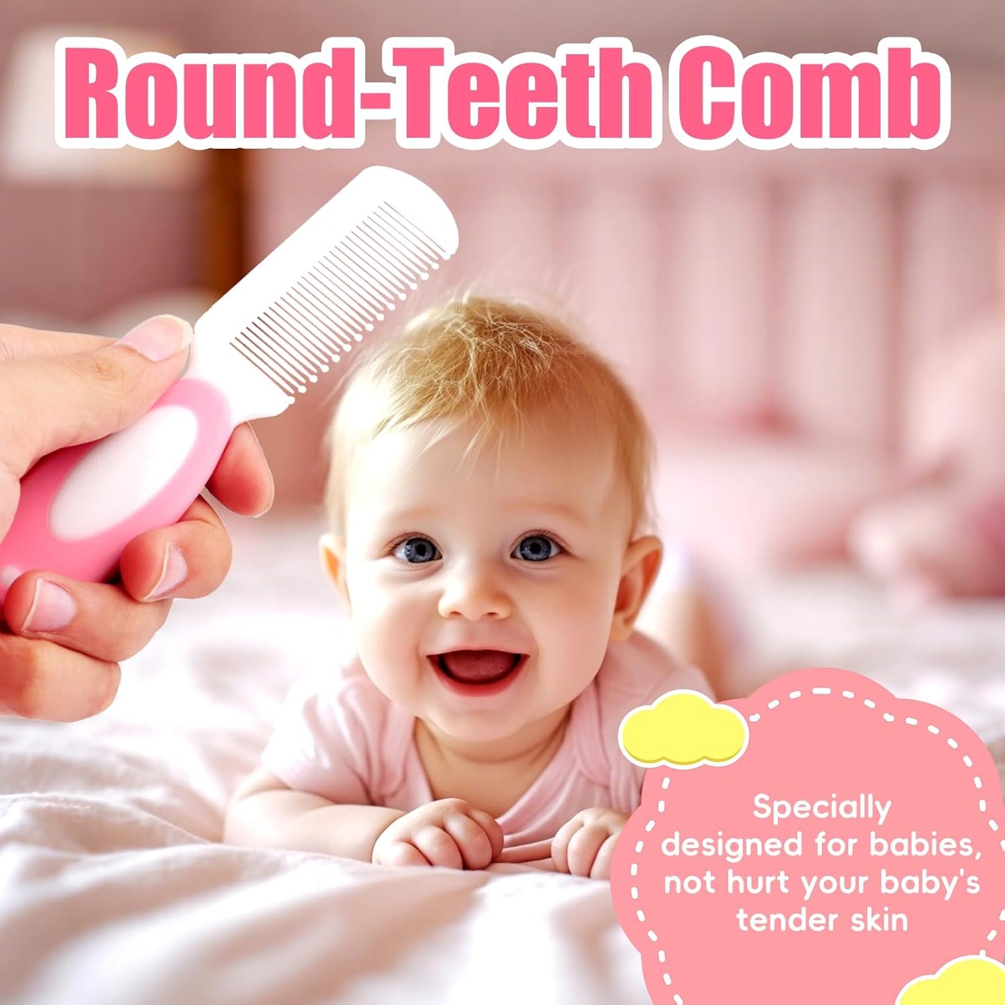 Baby Hair Brush and Comb Set, 4Pcs Baby Soft Bristles Brush Cradle Cap Brush Hair Comb for Newborns Toddlers Boys Girls (Pink)