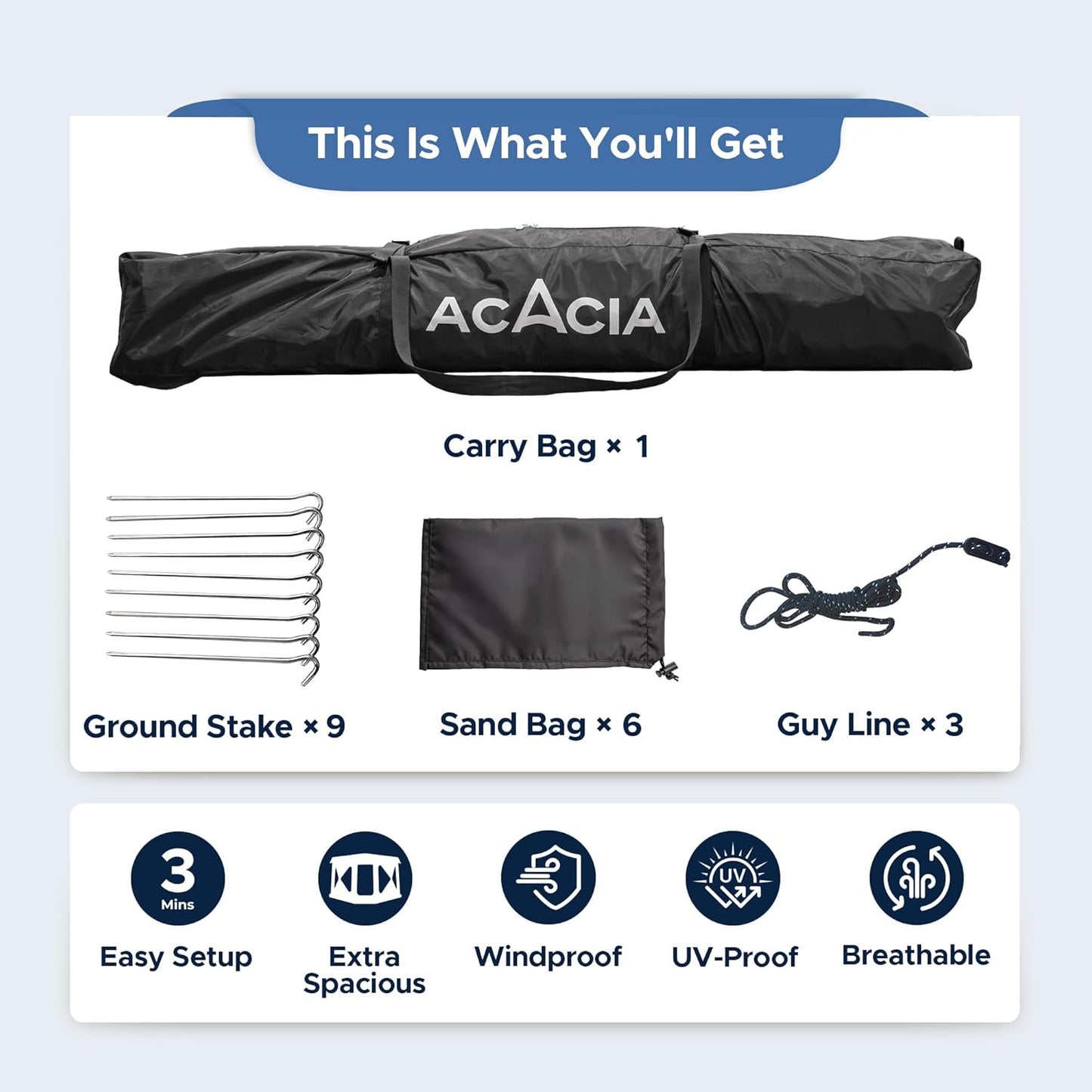 ACACIA Beach Tent Sun Shelter | 4-Person Portable Camping Tent with UPF 50+ Protection | Easy Setup Pop up Sun Shade | 10×10ft Privacy Sunshade for Camping & Backyard