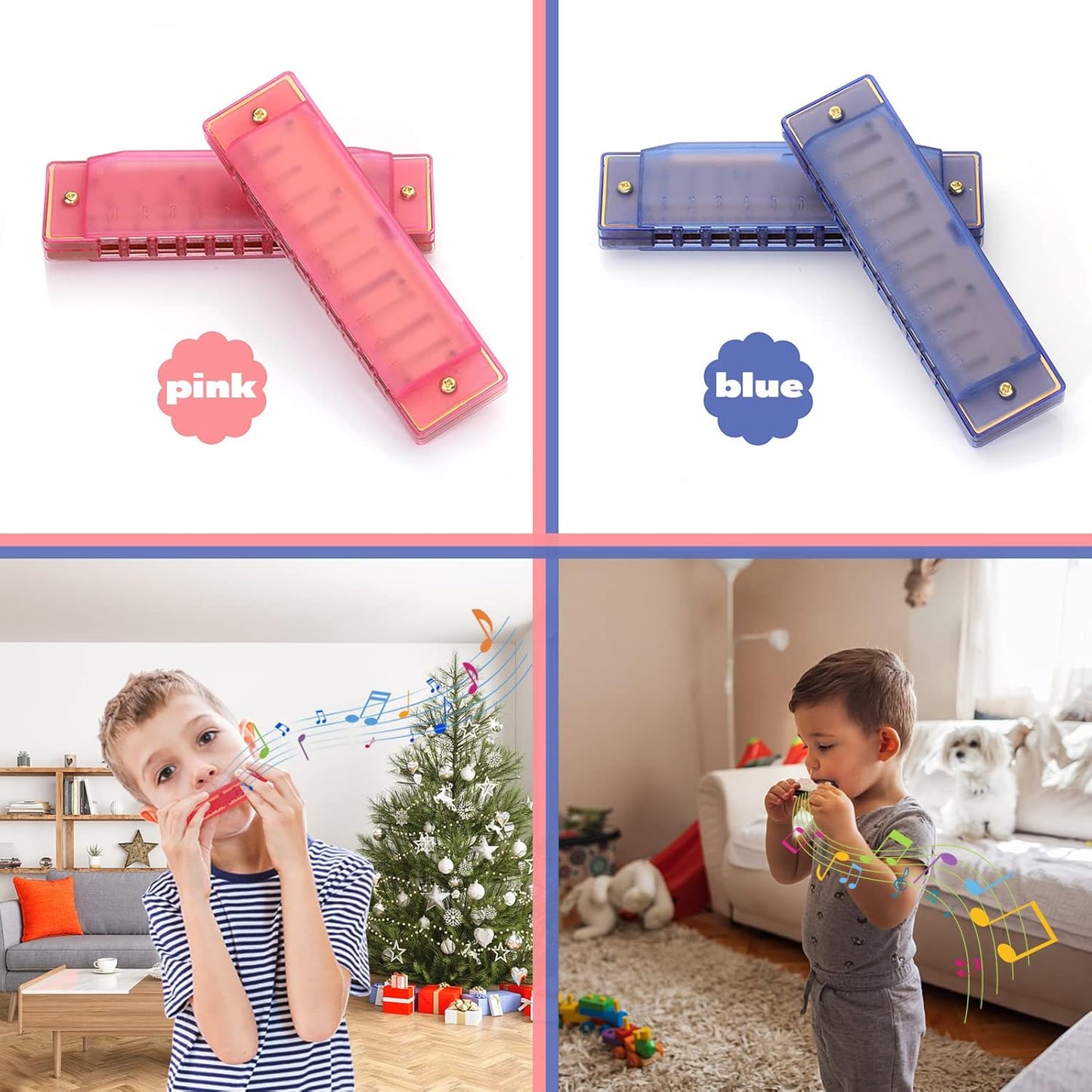 Harmonica for Kids 10 Hole Kids Harmonica, 2 Pack Key of C Blues Harmonica Educational Toy Beginners Toy Musical Instruments for Kids, Children and Toddler (Blue, Pink)