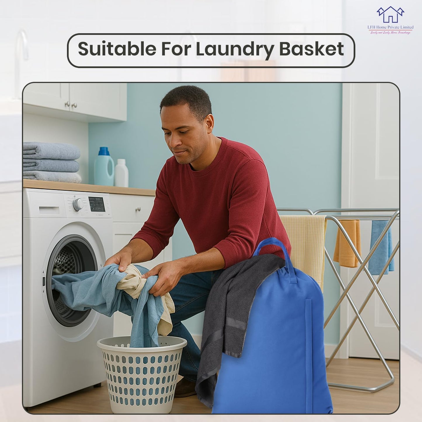 LFH Home Cotton Canvas Large Laundry Bag with Handle, Heavy Duty Drawstring Closure Washable Laundry Bags, School Travel, Home, Hotel, College Dorm, Organizer Sack, Toys Clothes 24x36-Sky Blue