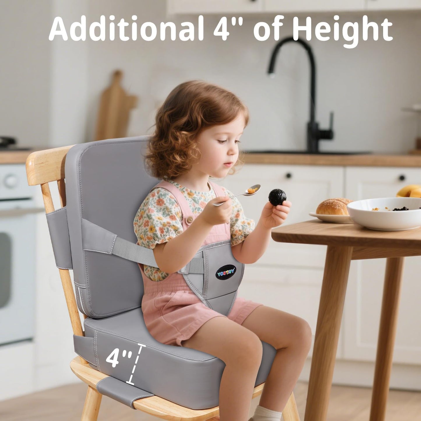 Toddler Booster Seat for Kitchen Chair, 2-in-1 Dining Table Booster Seat with Backrest & Adjustable Straps – Easy-Clean, PU Portable Toddler Eating Travel Increasing Cushion-Light Grey