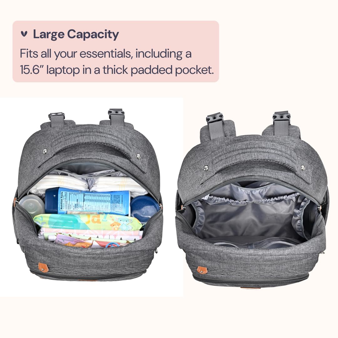 BabbleRoo Diaper Bag Backpack, Travel Backpack with Changing Pad, Pacifier Case & Stroller Straps, Multifunction, Waterproof, Unisex - Dark Gray