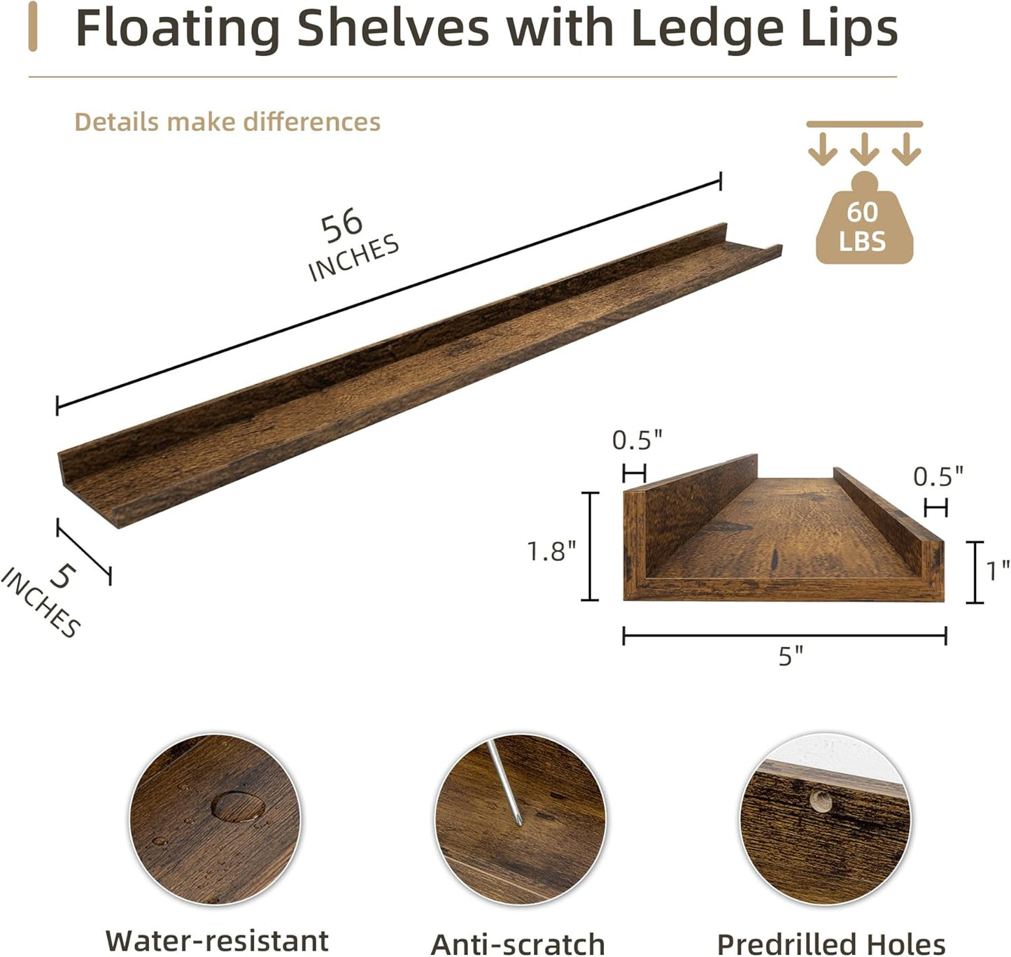 Picture Ledge Shelf, Wood Long Floating Shelves for Wall, Set of 2, 56 inch Picture Ledge Shelves, Photo Ledge Nursery Book Shelves Wall Mounted for Living Room Kids' Room Bedroom, Color Brown