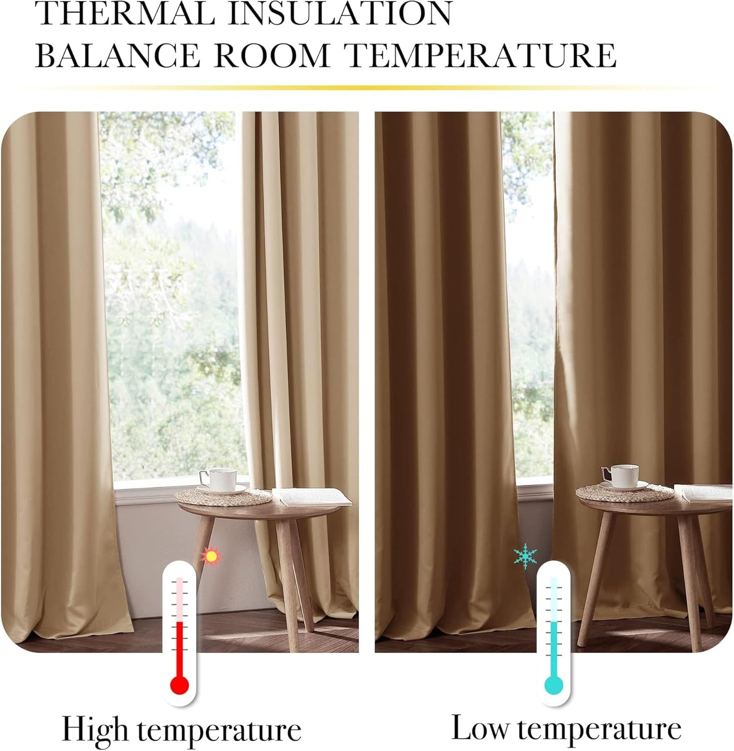 NICETOWN Bedroom Full Blackout Curtain Panels, Super Thick Insulated Window Covers, Complete Blackout Draperies with Liner for Short Window(Warm Beige, Set of 2 PCs, 52 by 63-inch)