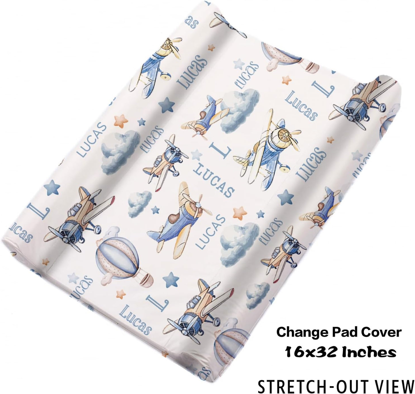 Personalized Baby Crib Bedding Set for Baby Boys Girls, Toy Airplane Pattern Custom Name Baby Crib Sets 5-Pcs, Toddler Double Layer Blanket Fitted Sheets Changing Pad Cover Rug Wall Art Set