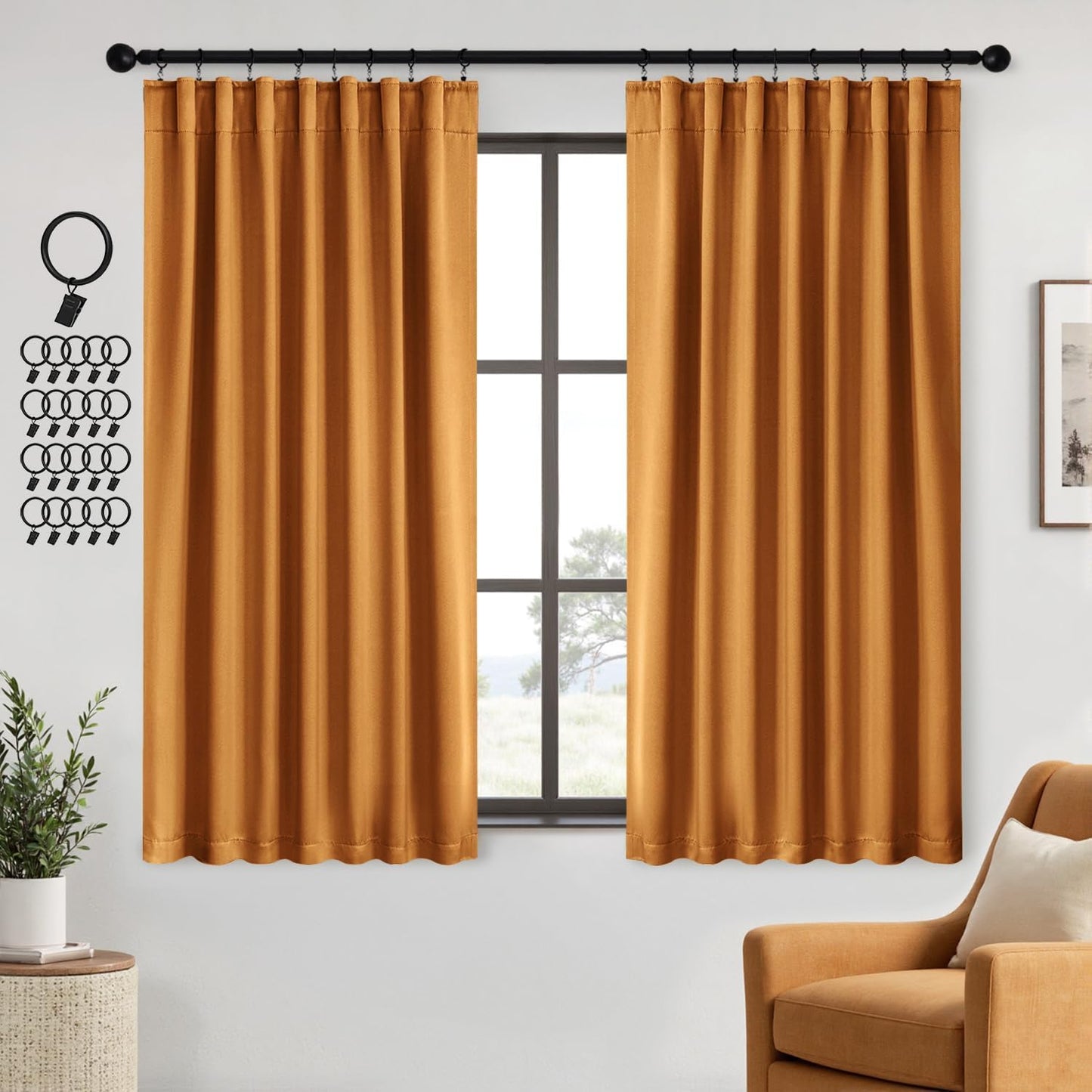 ANRODUO Back Tab Blackout Curtains for Bedroom Living Room, Rod Pocket Pinch Pleated Thermal Insulated Room Darkening Curtains 72 Inches Long 2 Panels, Mustard Yellow, 42 x 72 Inch
