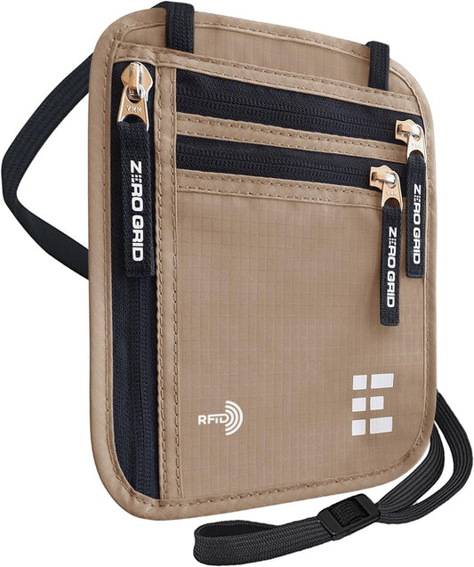 Neck Wallet for Travel & Passport Holder with RFID Blocking - Slim & Easy to Conceal Nylon Travel Pouch for men & women - Holds Phone, Cash, Cards, Keys - Sweat & Water Resistant - Large - Desert Sand
