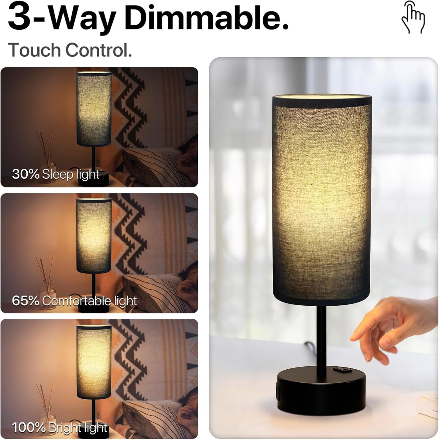 KPQ Small Bedside Lamp Touch Control Table Lamp with USB A+C Charging Ports & AC Outlet 3-Way Dimmable Nightstand Lamp with Linen Fabric Shade for Bedroom Living Room