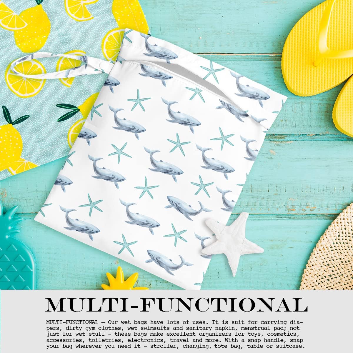 Wet Bag, Wet Dry Bag, Wet Bag for Swimsuit, Travel, Beach, Pool, Diapers, Dirty Yoga Gym Clothes, Makeup Bag, Waterproof Reusable Beach Bag Ocean Decor Starfish Sea Horse Anchor