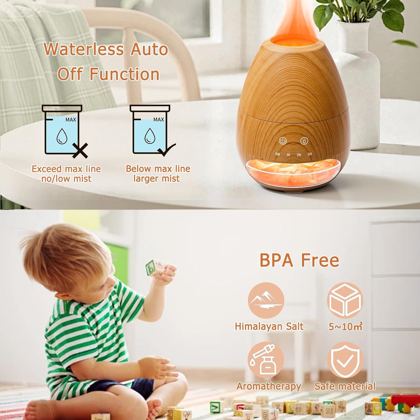 Ultrasonic Essential Oil Diffuser with Himalayan Salt Rock,Flame Diffuser with 2 Color Light,Small Aromatherapy Oil Diffuser with Auto Off Function for Home, Office,Spa,100ML,Wooden Grain
