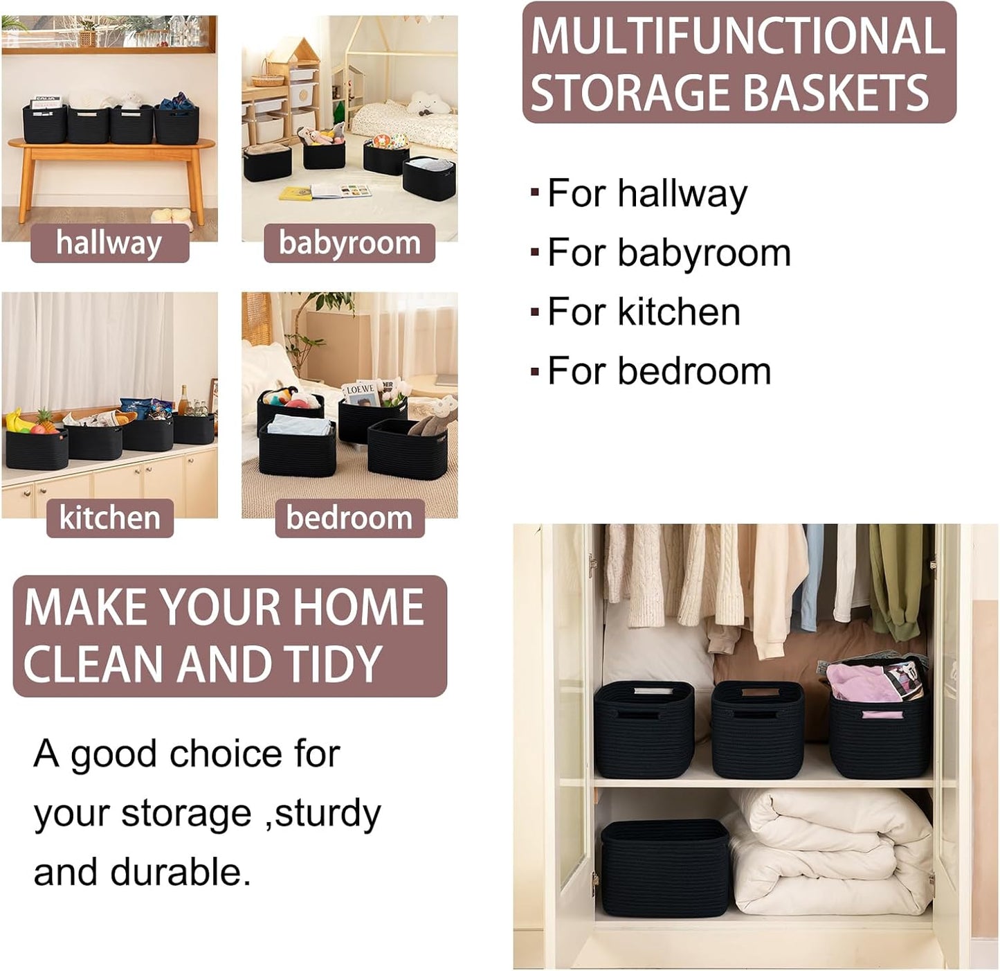 OIAHOMY 4 Pack Storage Baskets for Organizing, Cube Storage Bins for Shelves, Rectangle Storage Baskets With Handles, Woven Baskets for Storage, 12.7''Lx9''Wx7.8''H, Black