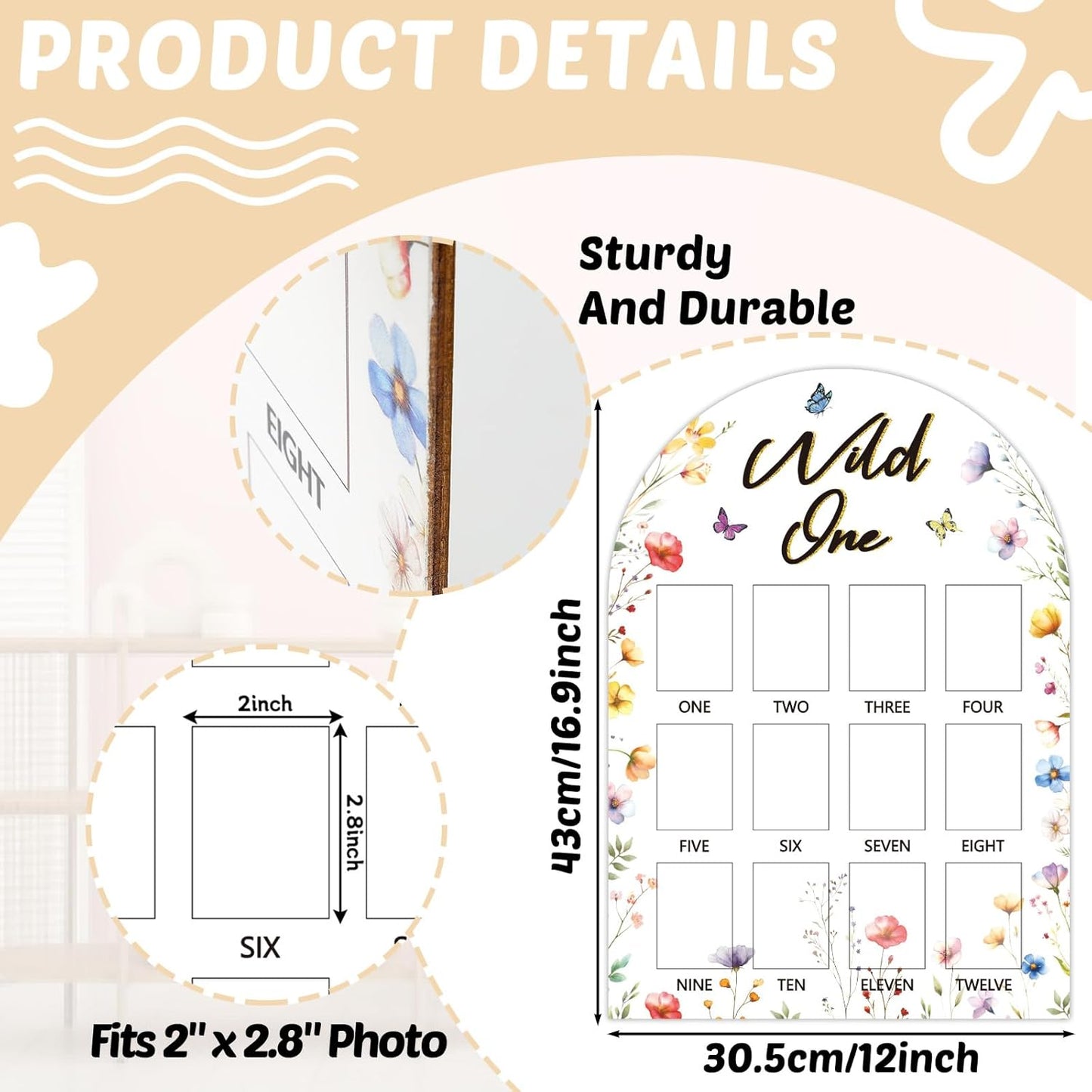 Wildflower First Year Photo Board Wild Flower Birthday Party Wooden Board Decorations 12 Monthly Milestone Picture Frame Wild One 1st Birthday Photo Banner for Baby Girls Keepsake Gift Supply 2x2.8In