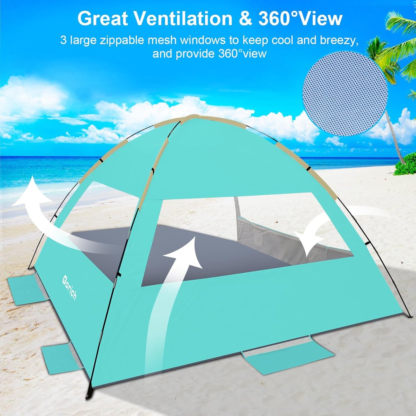 Gorich Beach Tent Sun Shelter for 3/4-5/6-7/8-10 Person with UPF 50＋ UV Protection, Lightweight & Easy Setup Beach Shade Canopy, Portable Beach Shade Tent Beach Cabana