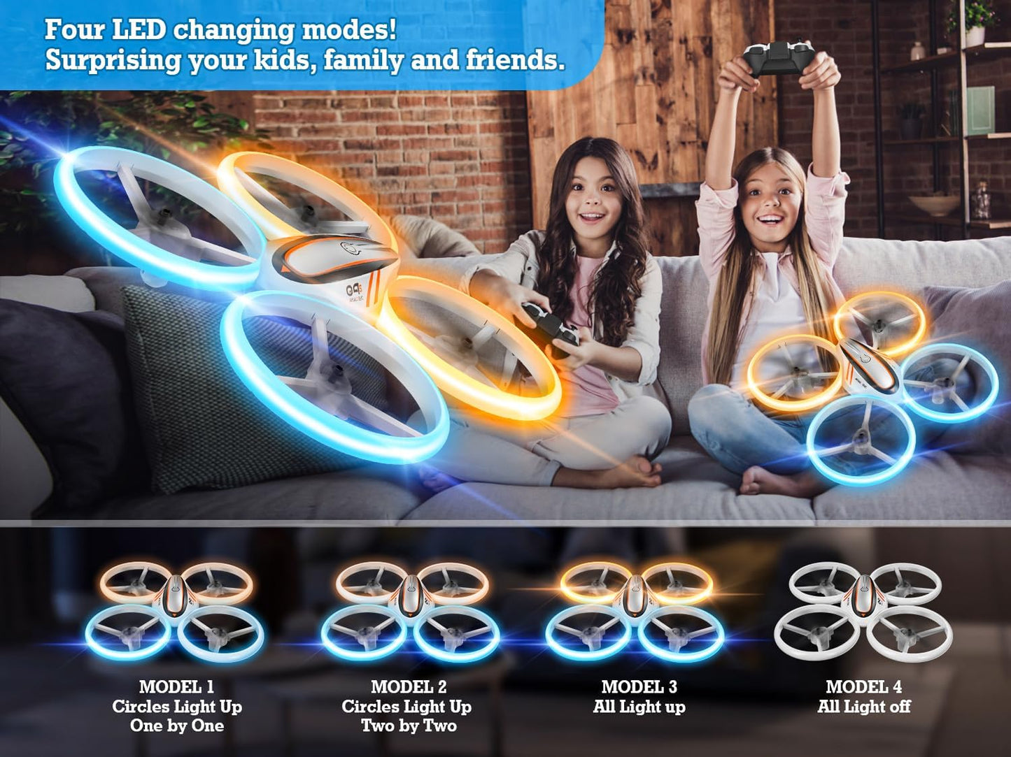 Q9s Drones for Kids,Cool RC Drone with Altitude Hold and Headless Mode,Hobby Quadcopter with Blue&Orange Light,2 Batteries and Remote Control,Birthday and Xmas Gifts Toys for Boys and Girls,Orange