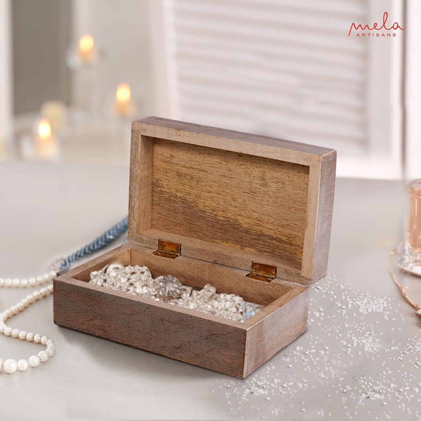 Scallop Wooden Box (Medium) - Light Burnt Over Grey Decorative Box with Lid w/Felt Pads Underneath & Wooden Carving - Unique Handmade Mangowood Keepsake Storage Box for Home - 7.5 x 4.5 x 3"