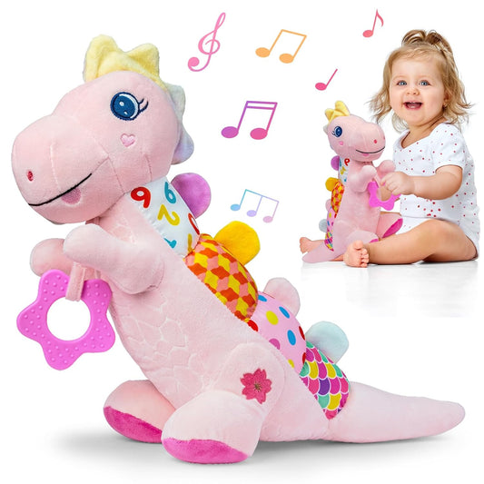 Baby Dino Plush Soft Stuffed Animal Toy for 0-3-6-12+ Months,Infant Musical Toy with Rattle,Squeaker,Sensory Crinkle,Teether & Textures,Tummy Time Toys Christmas Baby Gift for Newborn Girl(Pink)