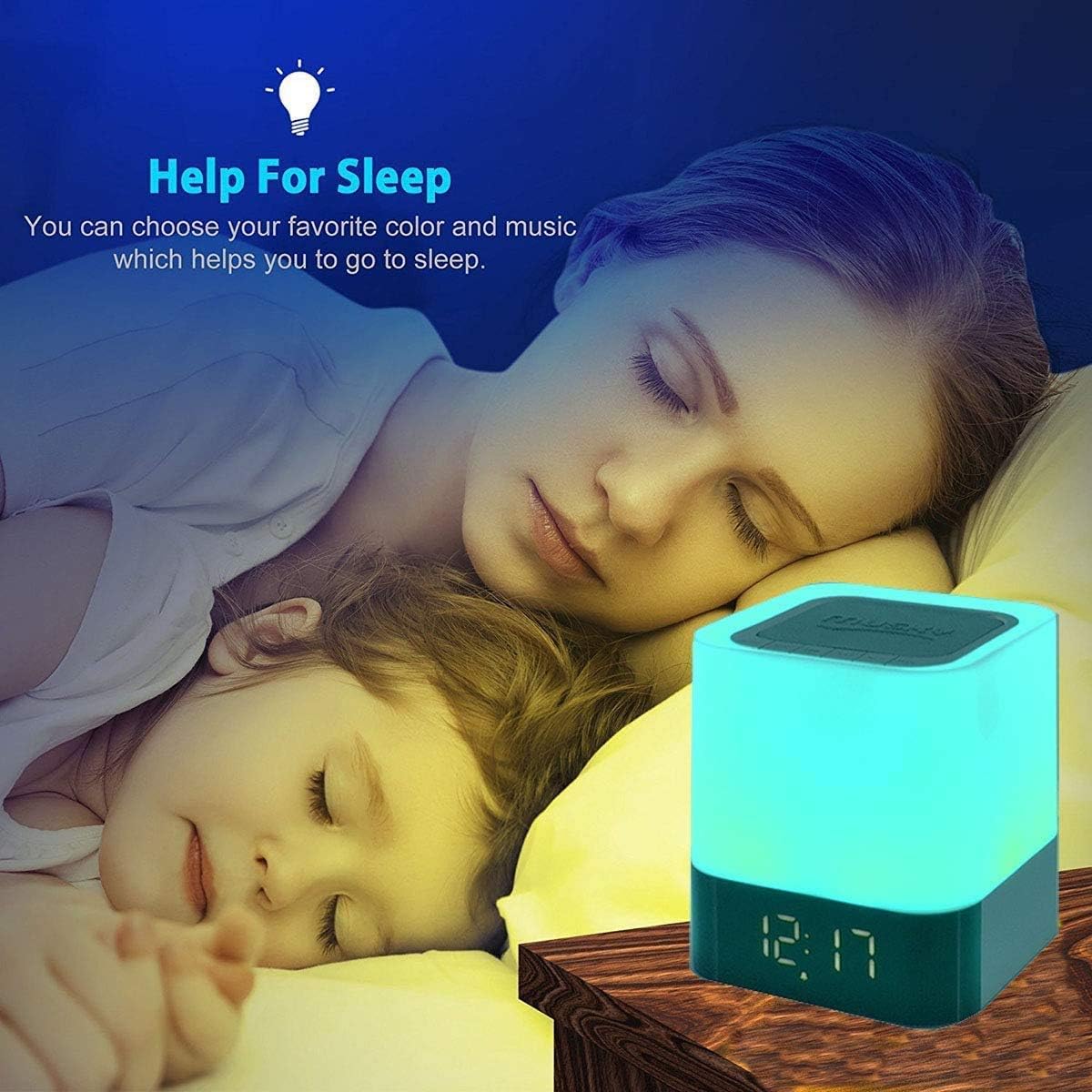 Night Lights Bluetooth Speaker, Alarm Clock Touch Sensor Dimmable Multi-Color Changing Bedside Lamp, MP3 Player, Wireless