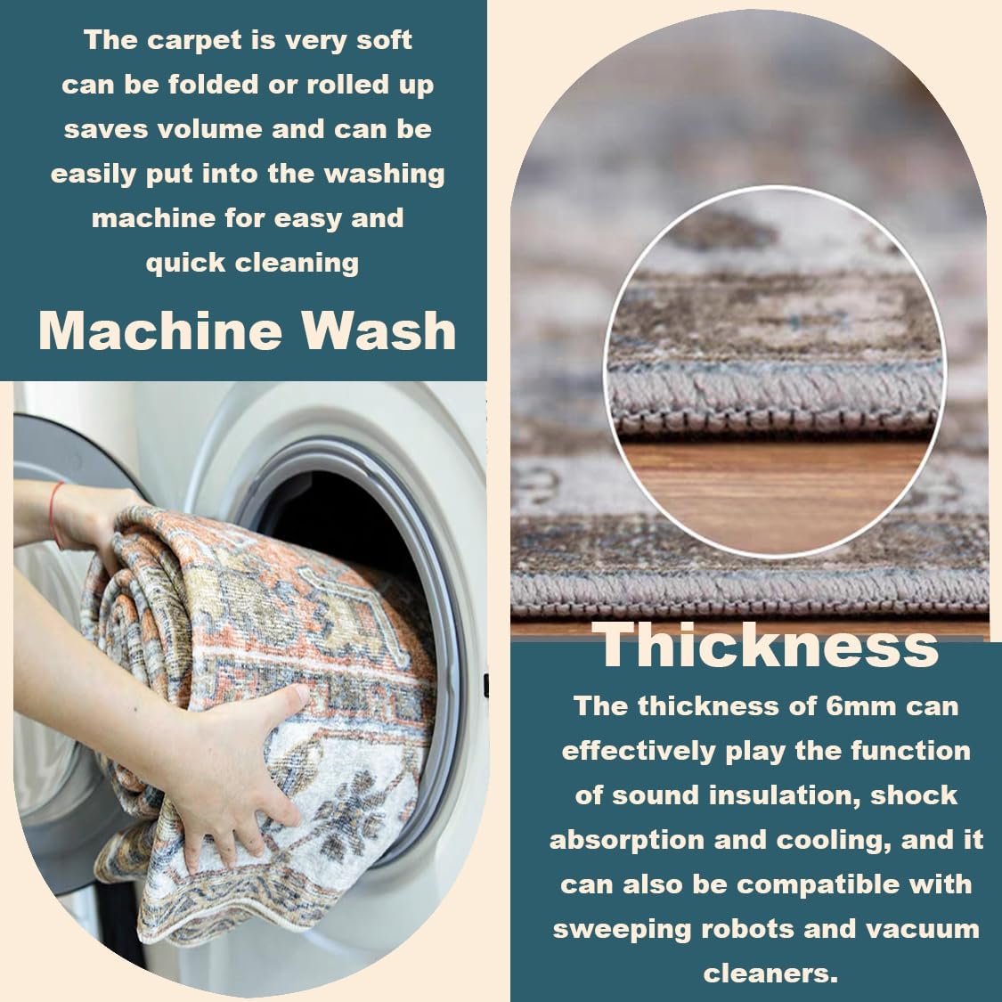 Washable Area Rug 8'x10' Retro Floral Khaki Boho Design Non-Shedding Non-Slip Easy Care Ideal for High Traffic Areas in Living Room Bedroom Office Coffee Table Kitchen Large Carpet