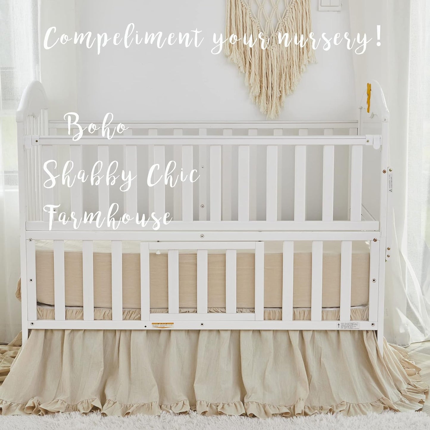 Brandream Gender Neutral Boho Bohemian Baby Girl Boy Nursery Crib Bedding Set 3 Pieces Solid Beige Farmhouse Chic Ruffle Unisex Cozy 100% Washed Cotton