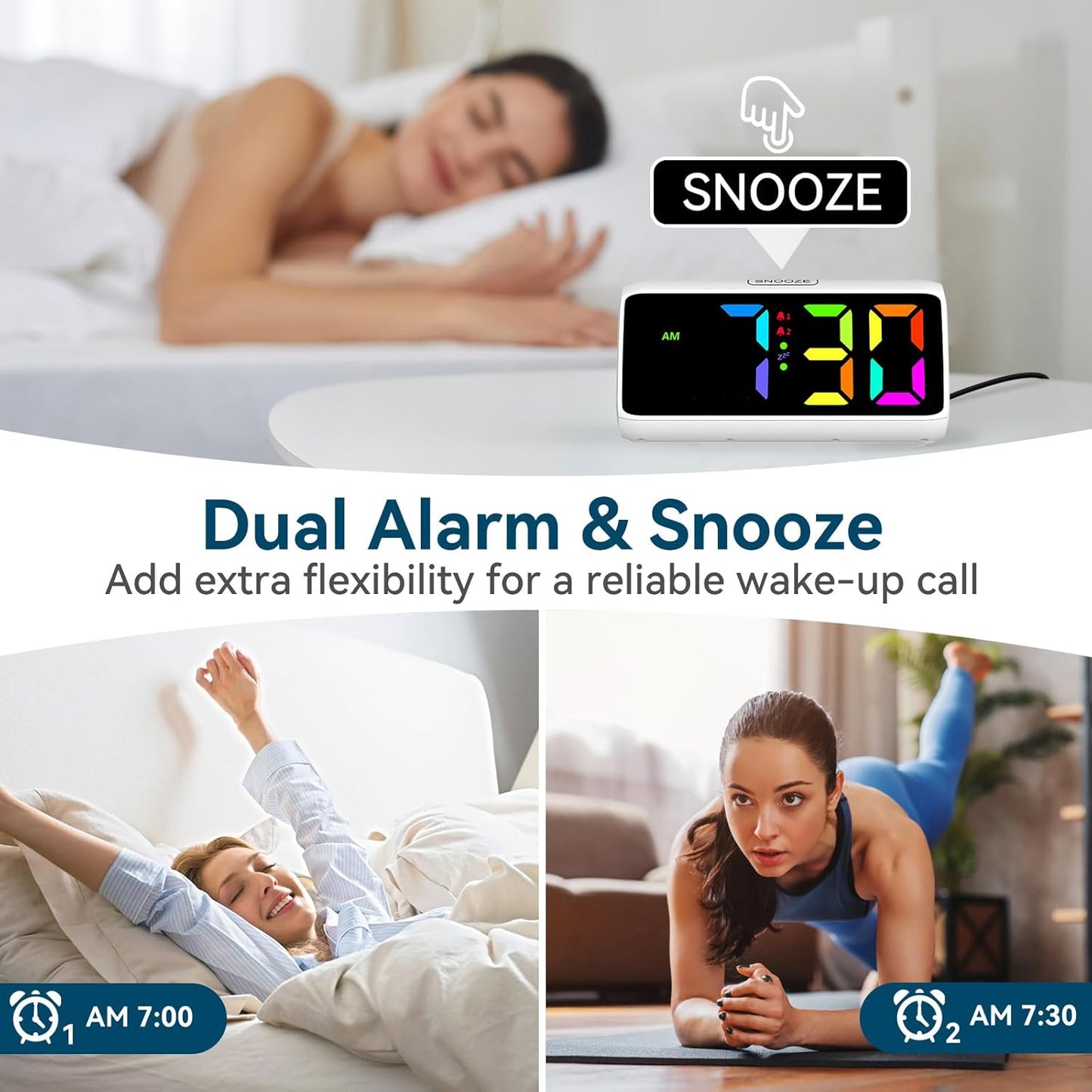 Netzu Loud Alarm Clock for Heavy Sleepers, RGB Alarm Clocks for Bedrooms Seniors Kids, Plug in Digital Clock with 5 Dimmers, 2 Alarms, 4 Volumes and Snooze (White)