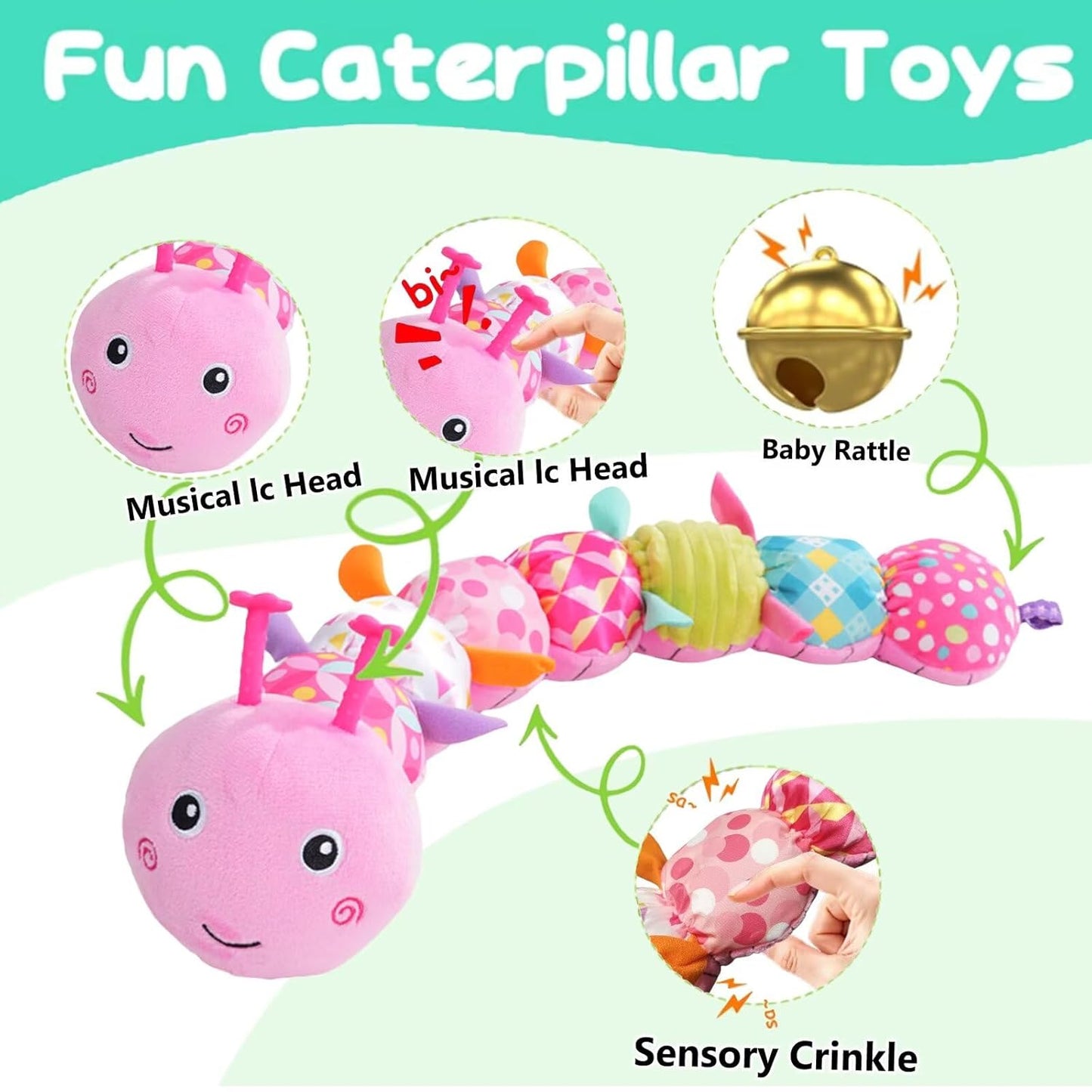 Baby Sensory Toys 0-12 Months, Plush Toys with Music and Rattle, Suitable for Newborn Baby Tummy time, can be Used as a Newborn Birthday, Holiday, Baptism Gift (Pink Caterpillar)