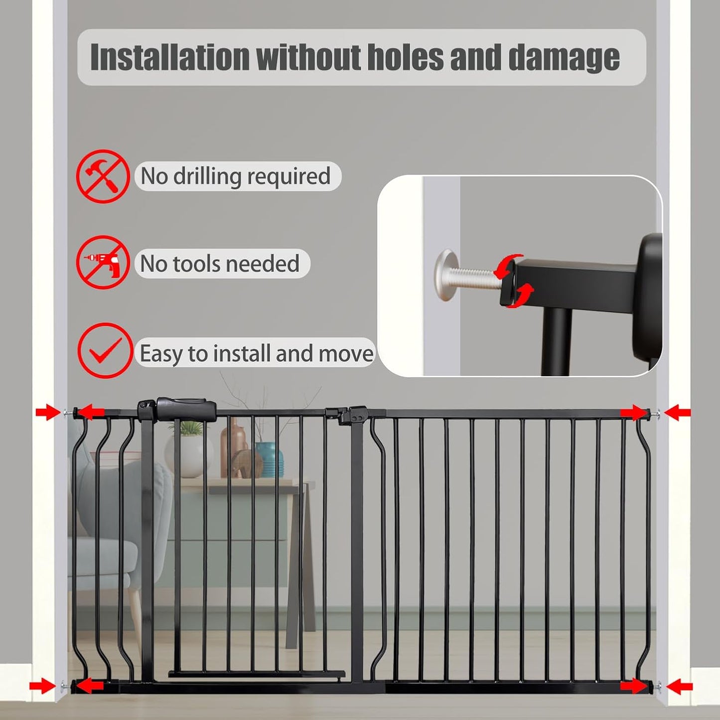 Extra Wide Baby Gate, 57.5-62 Inch - Black Metal, Pressure Mounted Indoor Safety Gate, Walk-Through Dog Gate for Kids & Pets, 30 Inch Tall